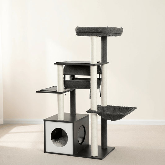 theMiaou Noir Arbre à Chat “Néo” – Grand Arbre à Chat Design en Bois avec Niche et Panier Suspendu