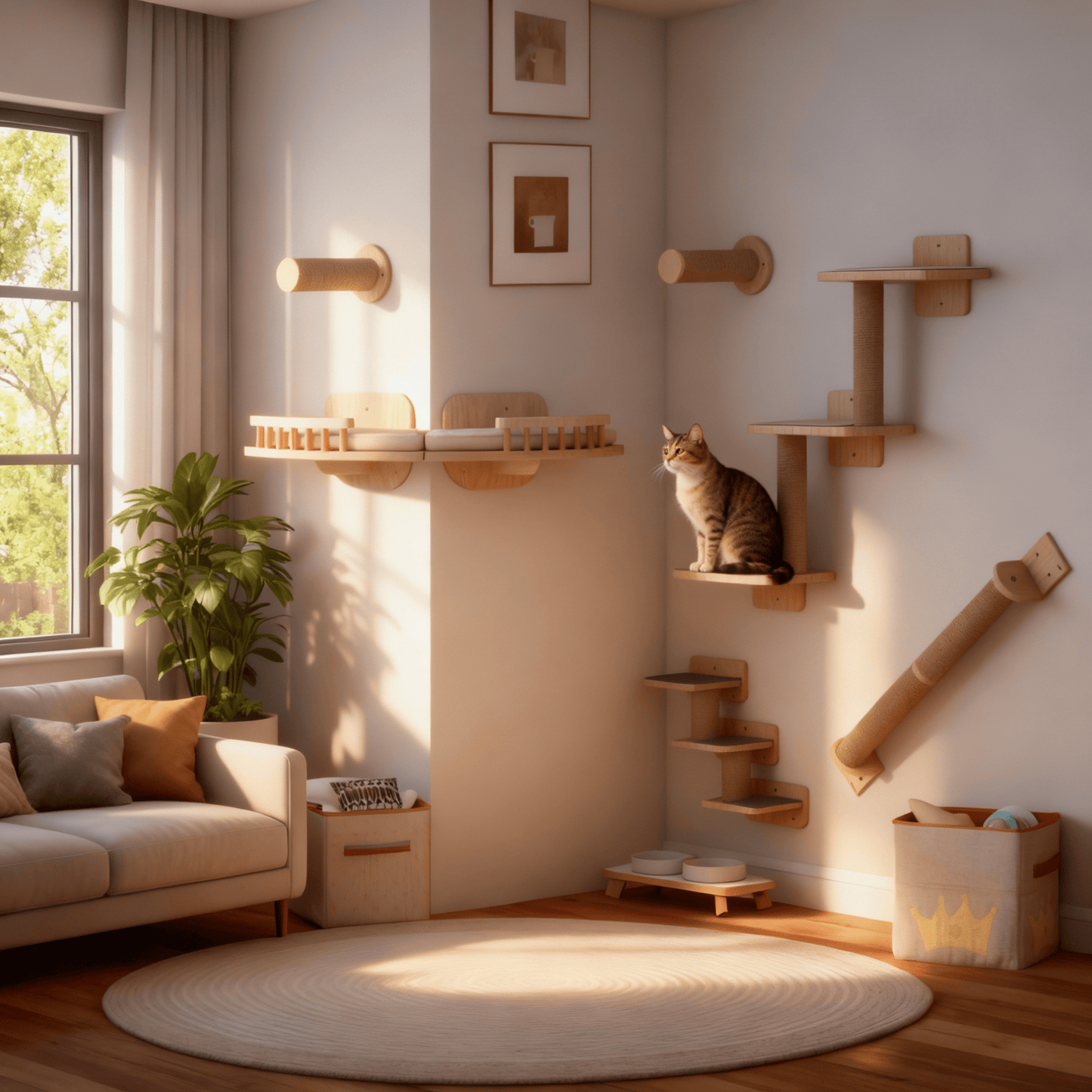 theMiaou 7 pièces Arbre à Chat Mural “Aurora” – Ensemble Modulable en Bois Naturel avec Hamac et Griffoirs