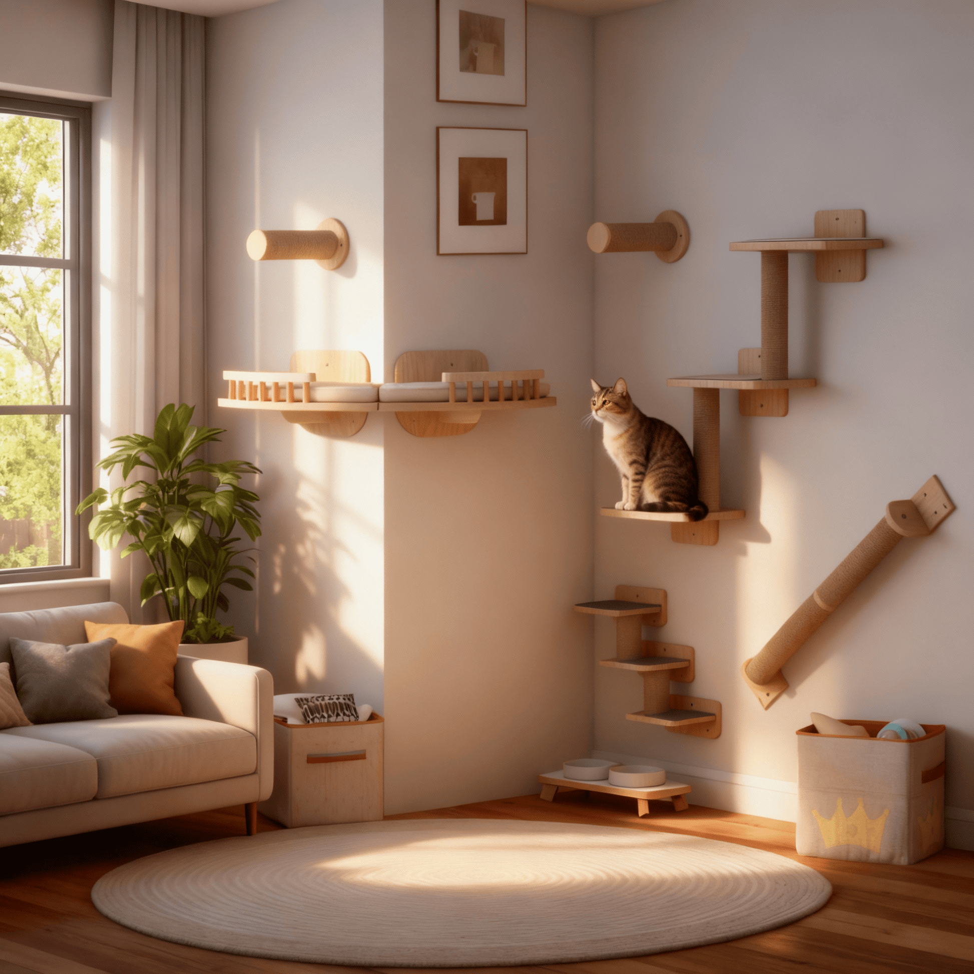 theMiaou 7 pièces Arbre à Chat Mural “Aurora” – Ensemble Modulable en Bois Naturel avec Hamac et Griffoirs