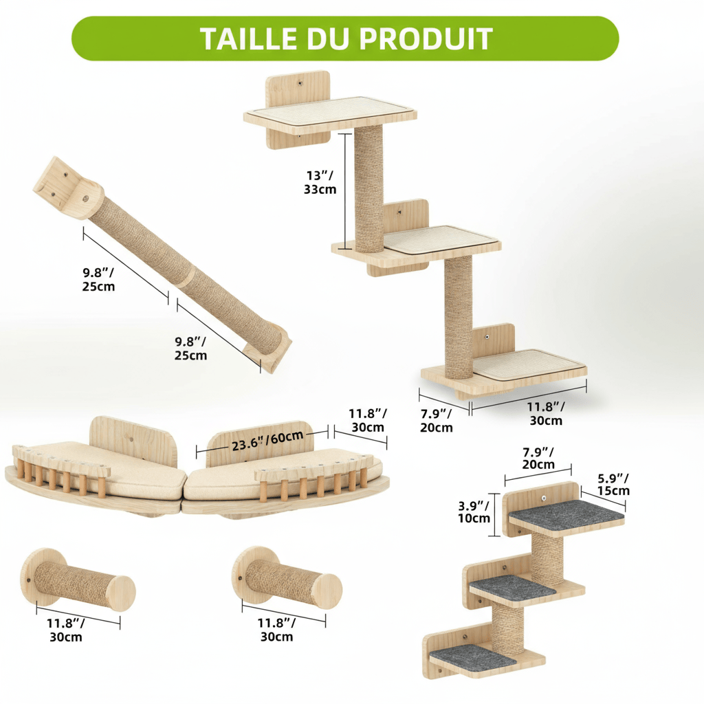 theMiaou 7 pièces Arbre à Chat Mural “Aurora” – Ensemble Modulable en Bois Naturel avec Hamac et Griffoirs