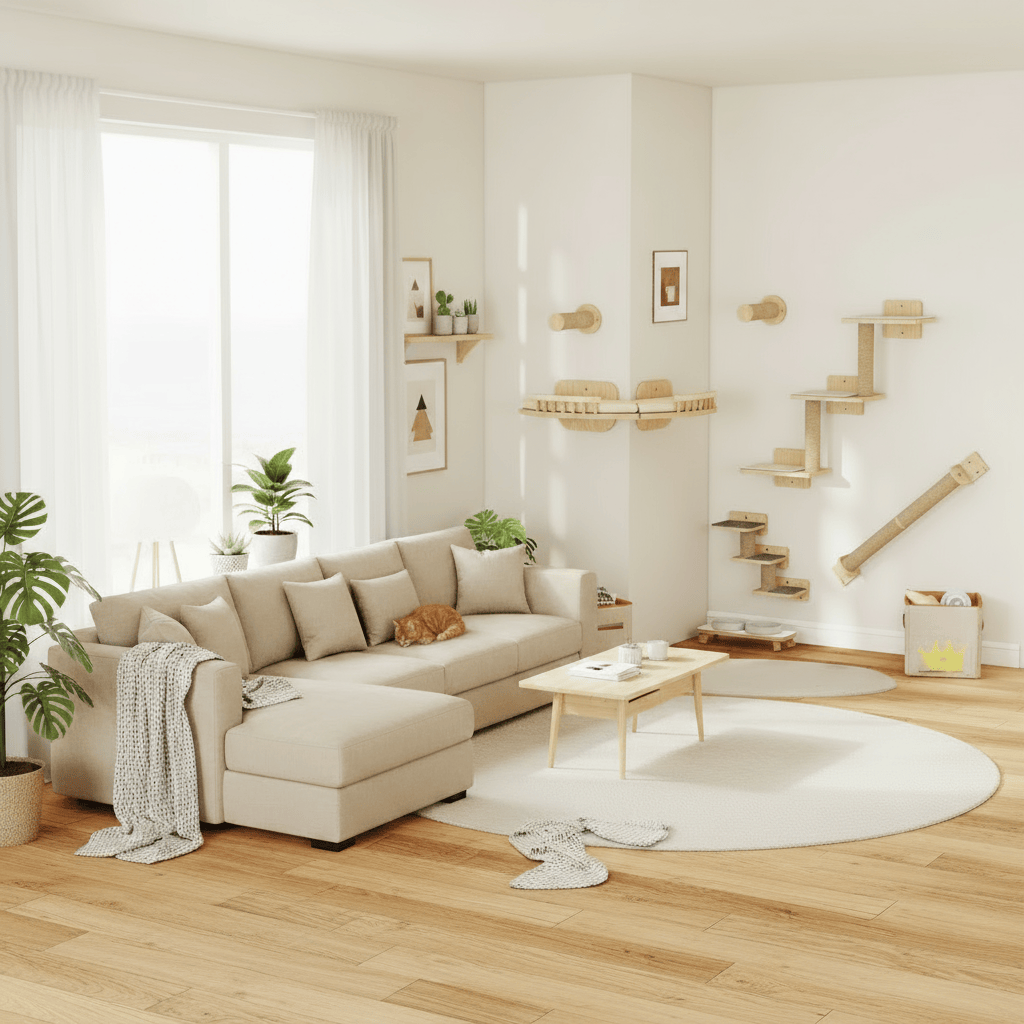 theMiaou 7 pièces Arbre à Chat Mural “Aurora” – Ensemble Modulable en Bois Naturel avec Hamac et Griffoirs