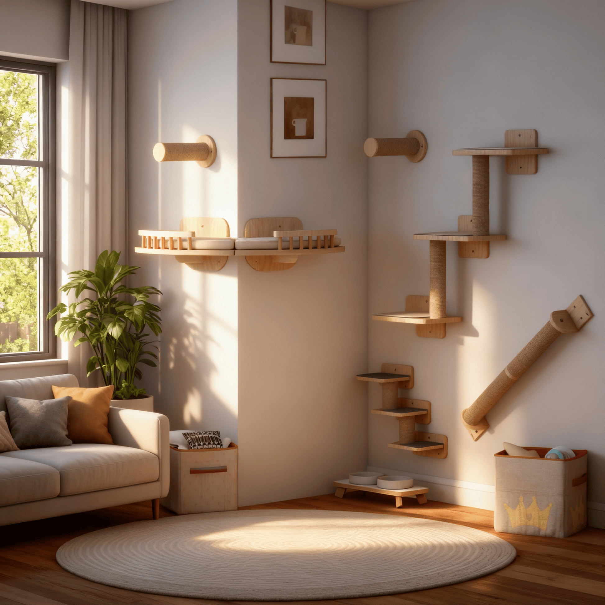 theMiaou 7 pièces Arbre à Chat Mural “Aurora” – Ensemble Modulable en Bois Naturel avec Hamac et Griffoirs