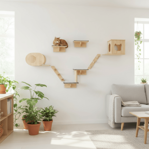 theMiaou 7 pièces Arbre à Chat Mural “Éclipse” – Ensemble d’Étagères Murales en Bois pour Chat