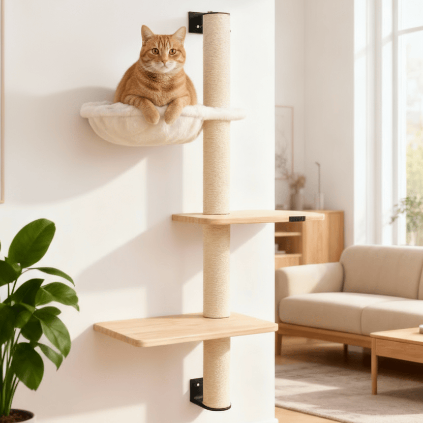 theMiaou 1 pièces Arbre à Chat Mural “Helios” – Bois Naturel & Hamac Suspendu