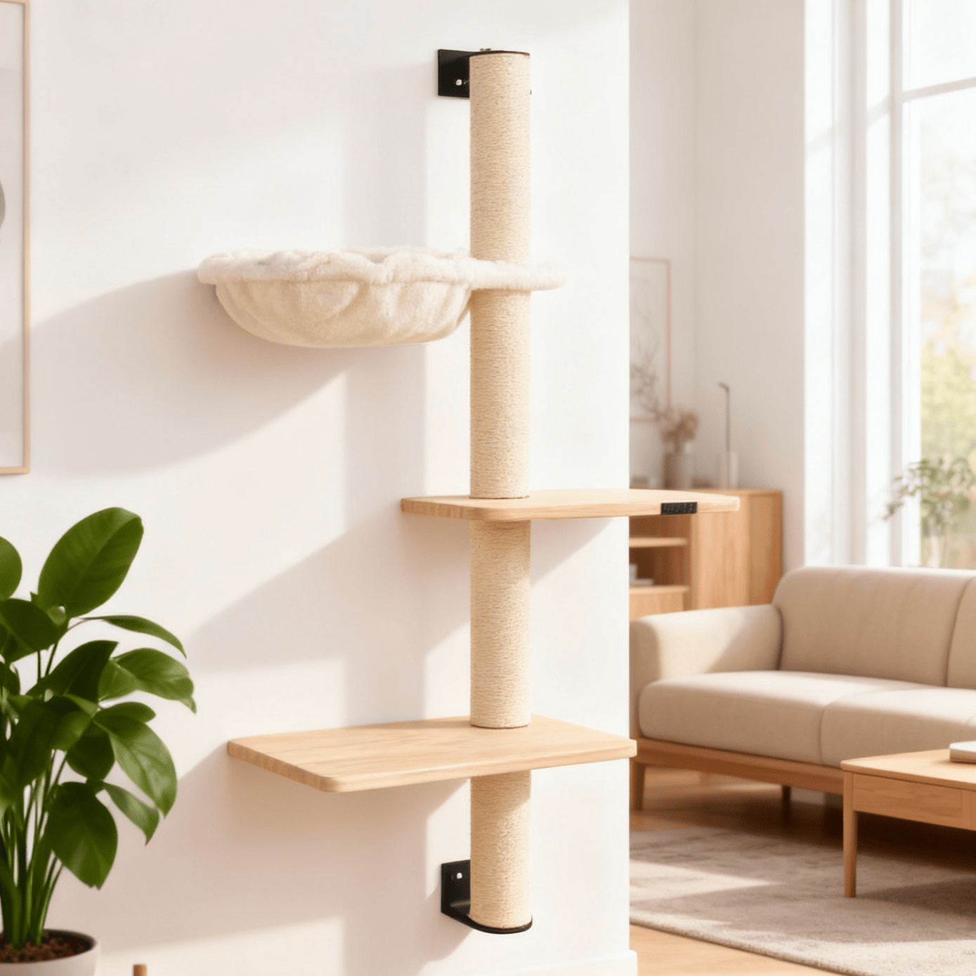theMiaou 1 pièces Arbre à Chat Mural “Helios” – Bois Naturel & Hamac Suspendu