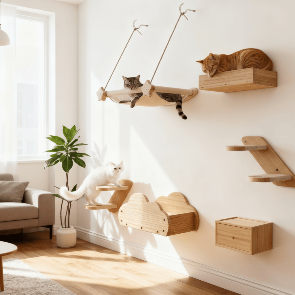 theMiaou 6 pièces Arbre à Chat Mural “Nimbus” – Design Nuage & Hamac Suspendu