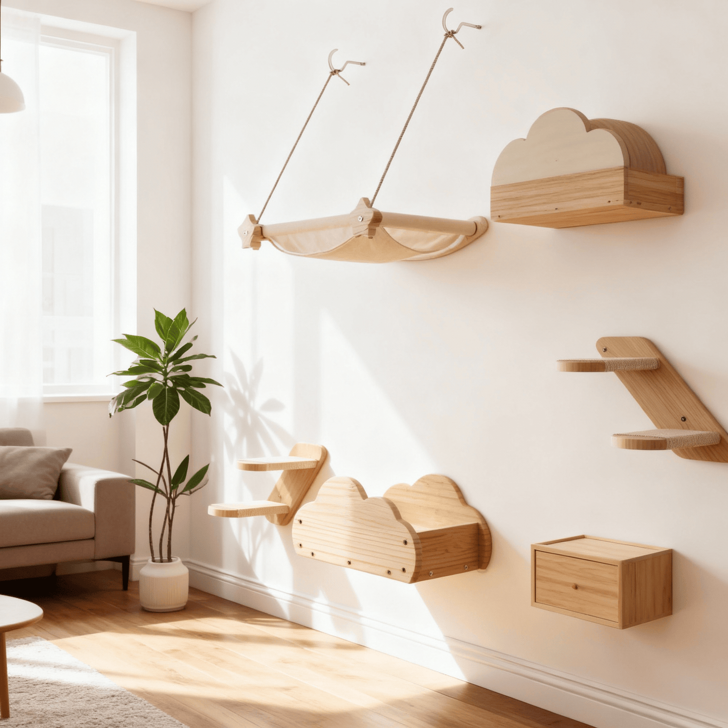theMiaou 6 pièces Arbre à Chat Mural “Nimbus” – Design Nuage & Hamac Suspendu