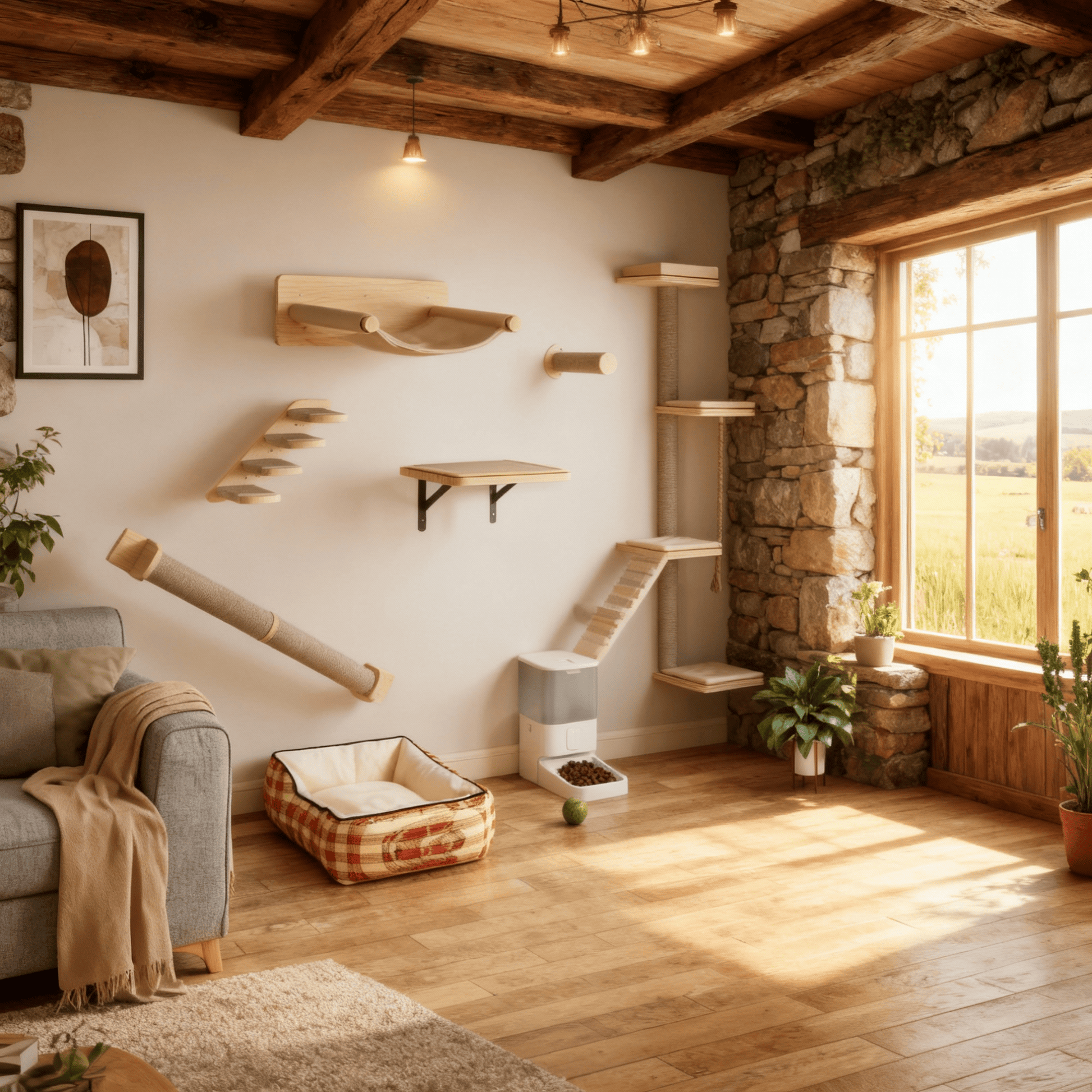 theMiaou 7 pièces Arbre à Chat Mural “Sierra” – Ensemble en Bois avec Hamac et Griffoirs