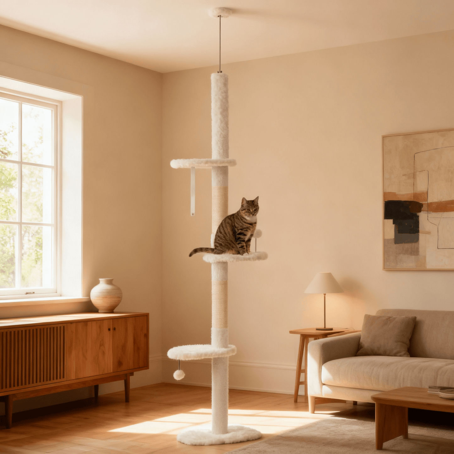 theMiaou Blanc Arbre à Chat “Nara” – Arbre à Chat Sol au Plafond Élégant, Stable & Réglable