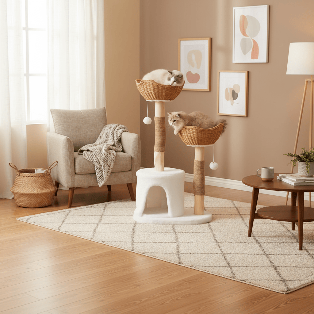 theMiaou Blanc Arbre à Chat “Osaka” – Grand Arbre à Chat Design en Bois et Double Panier