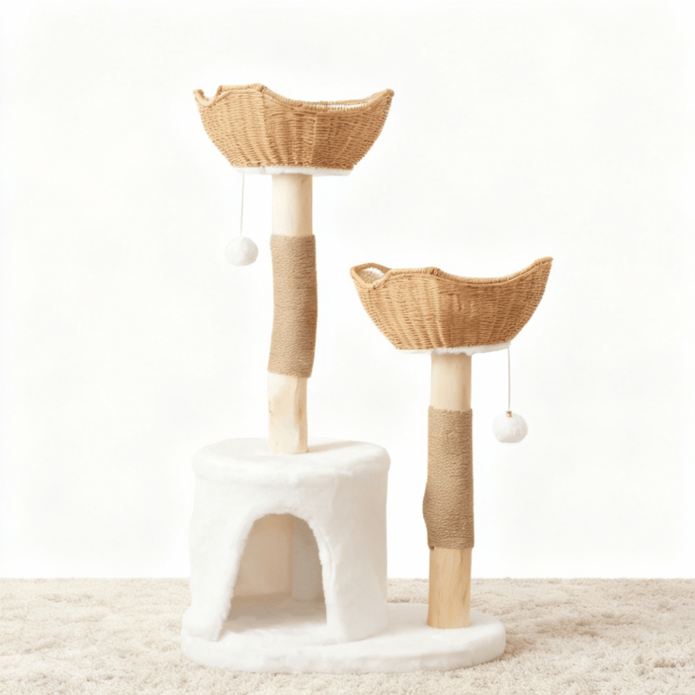 theMiaou Blanc Arbre à Chat “Osaka” – Grand Arbre à Chat Design en Bois et Double Panier