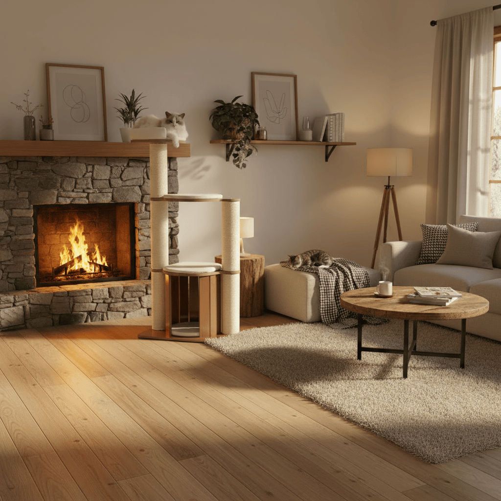 theMiaou Bois Arbre à Chat “Nordik” – Grand Arbre à Chat en Bois avec Niche et Coussins Doux