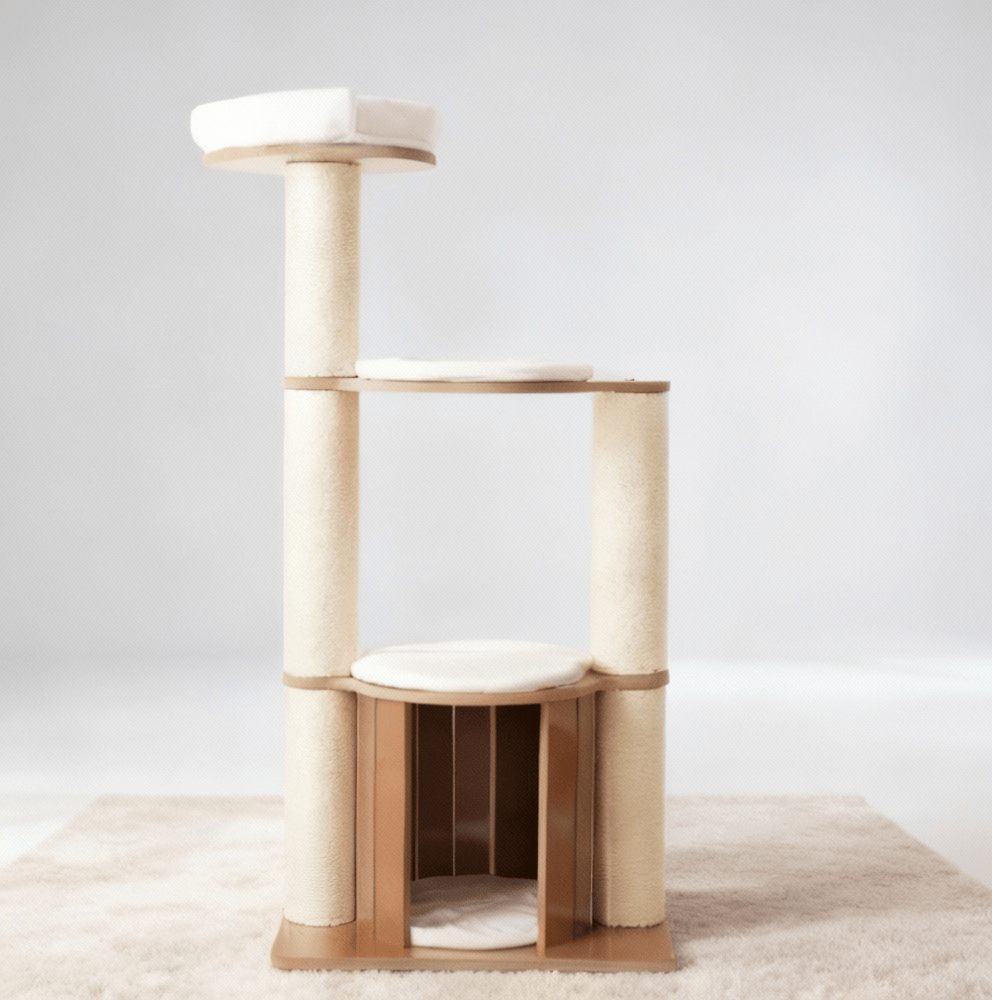 theMiaou Bois Arbre à Chat “Nordik” – Grand Arbre à Chat en Bois avec Niche et Coussins Doux