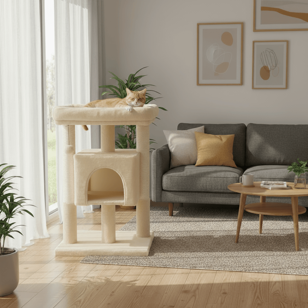 theMiaou Arbre à Chat “Soft Haven” – Petit Arbre à Chat Doux avec Niche et Griffoirs