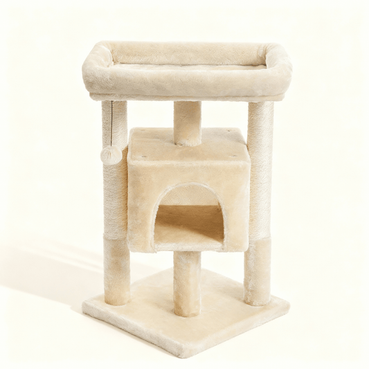 theMiaou Beige Arbre à Chat “Soft Haven” – Petit Arbre à Chat Doux avec Niche et Griffoirs
