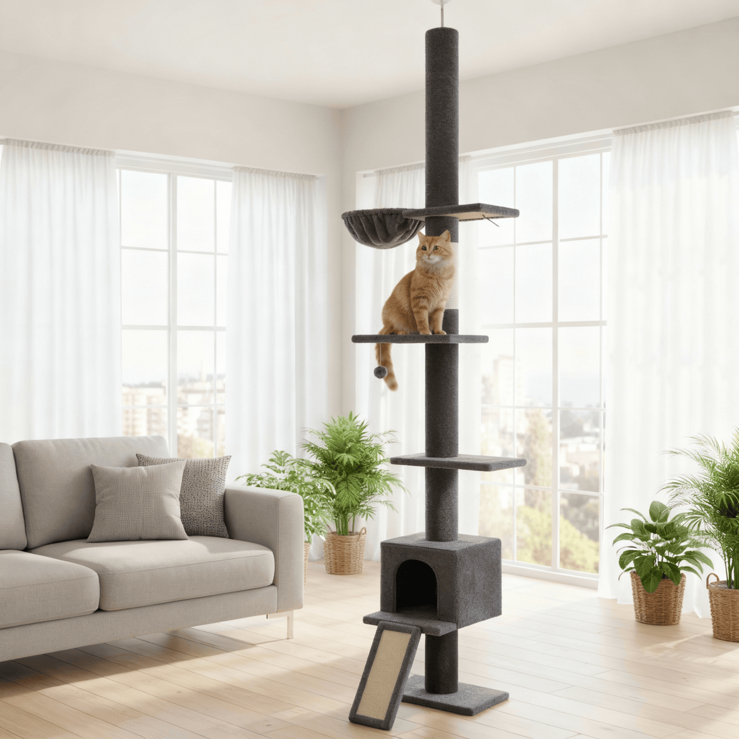 theMiaou Arbre à Chat “Climba” – Arbre à Chat Sol au Plafond Compact, Moderne et Stable