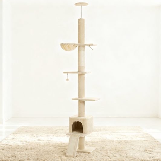 theMiaou Beige Arbre à Chat “Climba” – Arbre à Chat Sol au Plafond Compact, Moderne et Stable