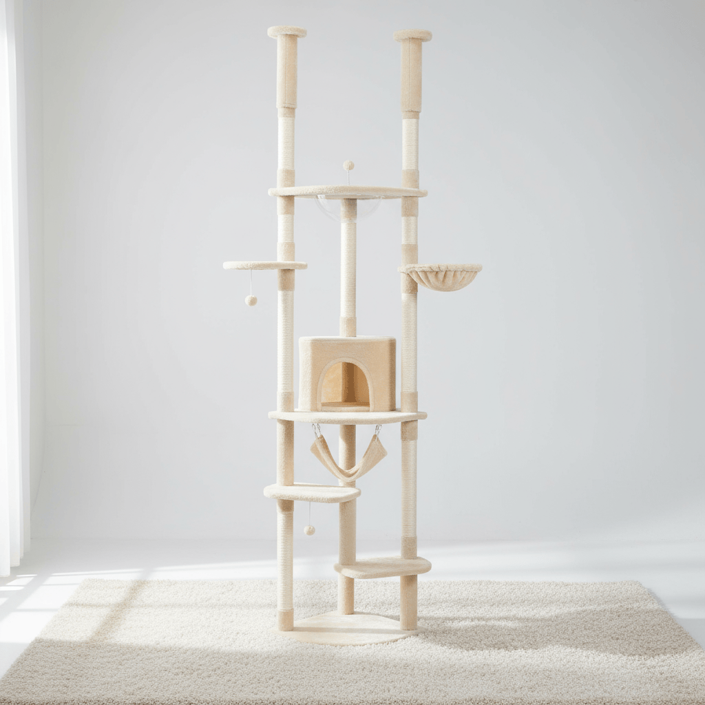theMiaou Beige Arbre à Chat “Ascendia” – Arbre à Chat Sol au Plafond Design Élégant et Ultra Stable