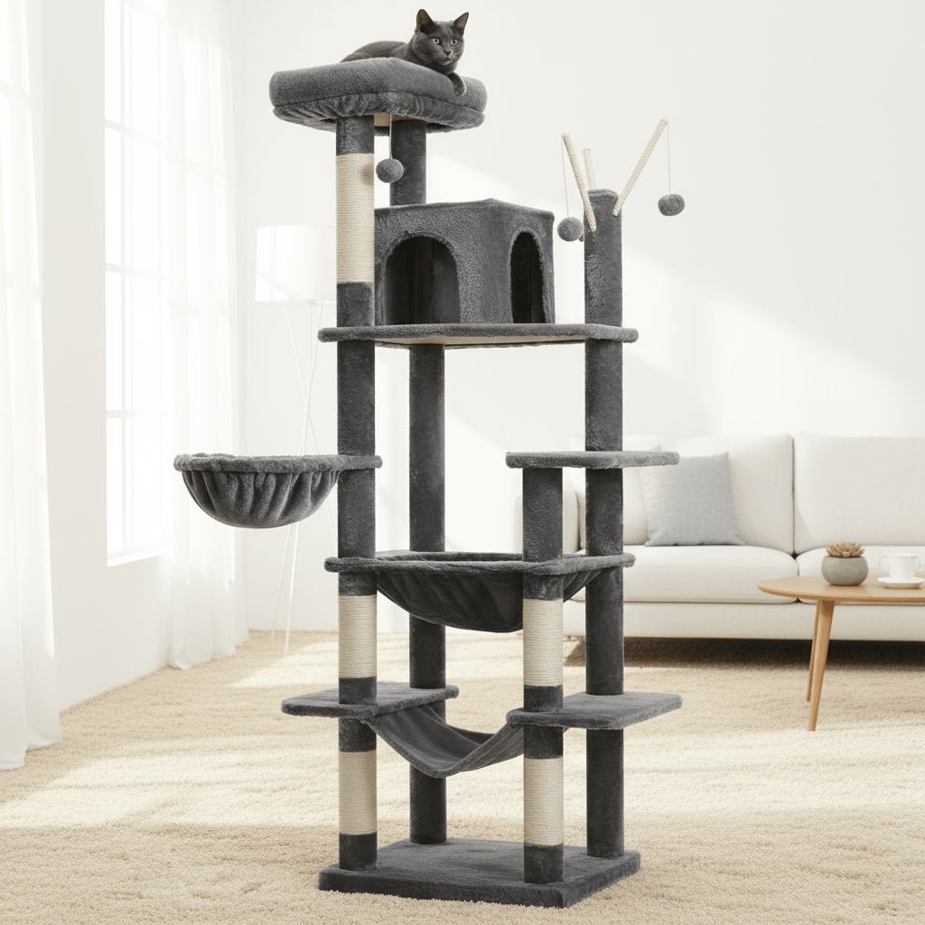 theMiaou Arbre à Chat “Titania” – Arbre à Chat XXL avec Double Hamac, Niche et Poteaux en Sisal