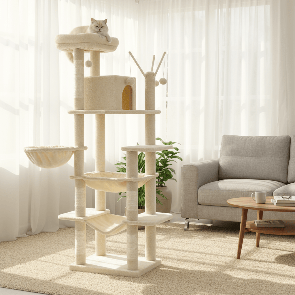 theMiaou Arbre à Chat “Titania” – Arbre à Chat XXL avec Double Hamac, Niche et Poteaux en Sisal