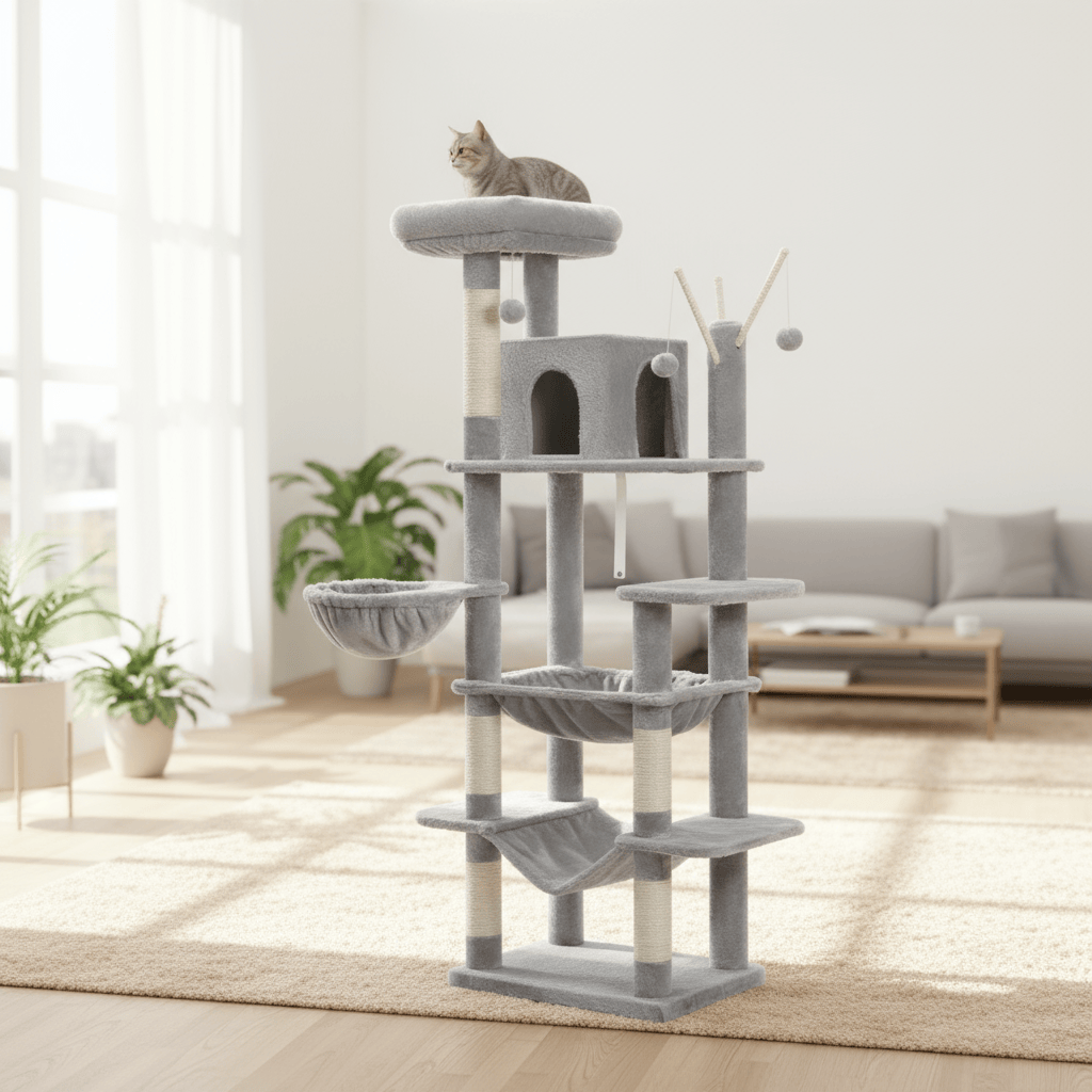 theMiaou Arbre à Chat “Titania” – Arbre à Chat XXL avec Double Hamac, Niche et Poteaux en Sisal