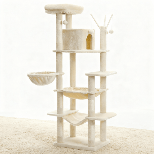 theMiaou Beige Arbre à Chat “Titania” – Arbre à Chat XXL avec Double Hamac, Niche et Poteaux en Sisal