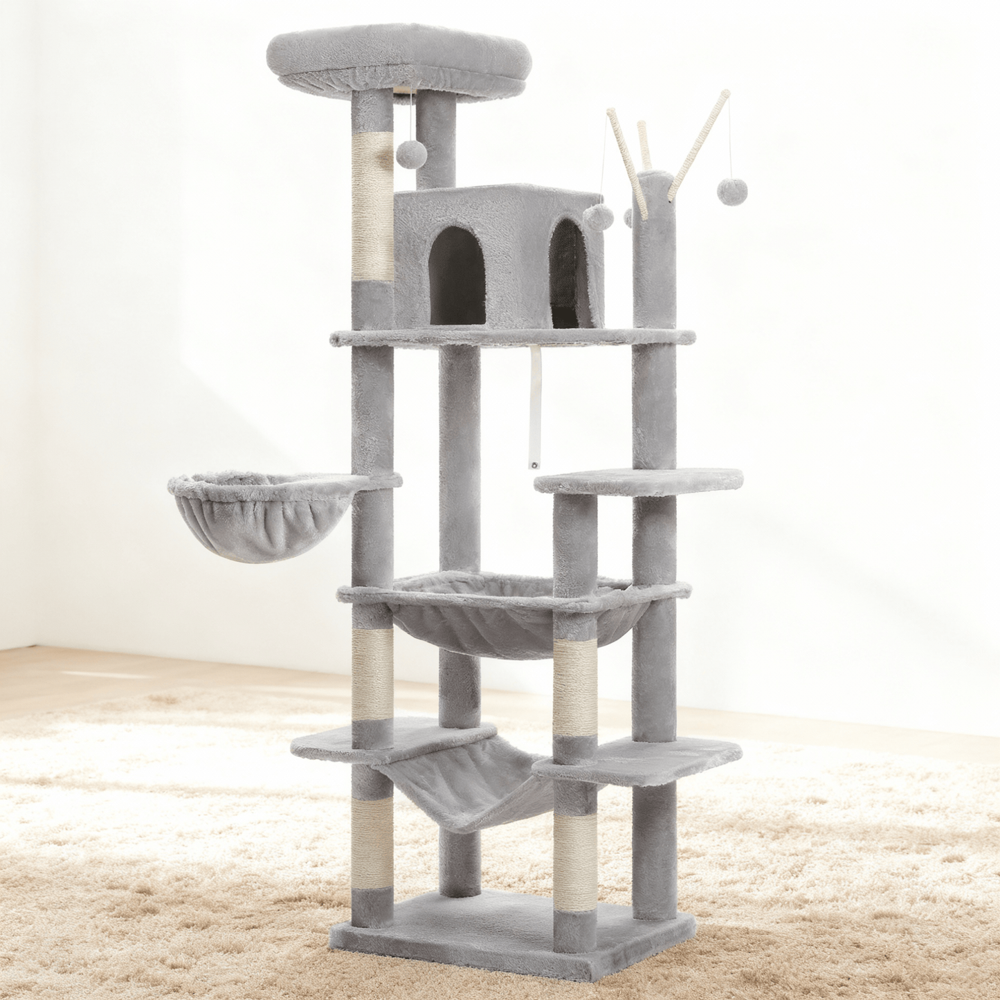 theMiaou Gris Arbre à Chat “Titania” – Arbre à Chat XXL avec Double Hamac, Niche et Poteaux en Sisal