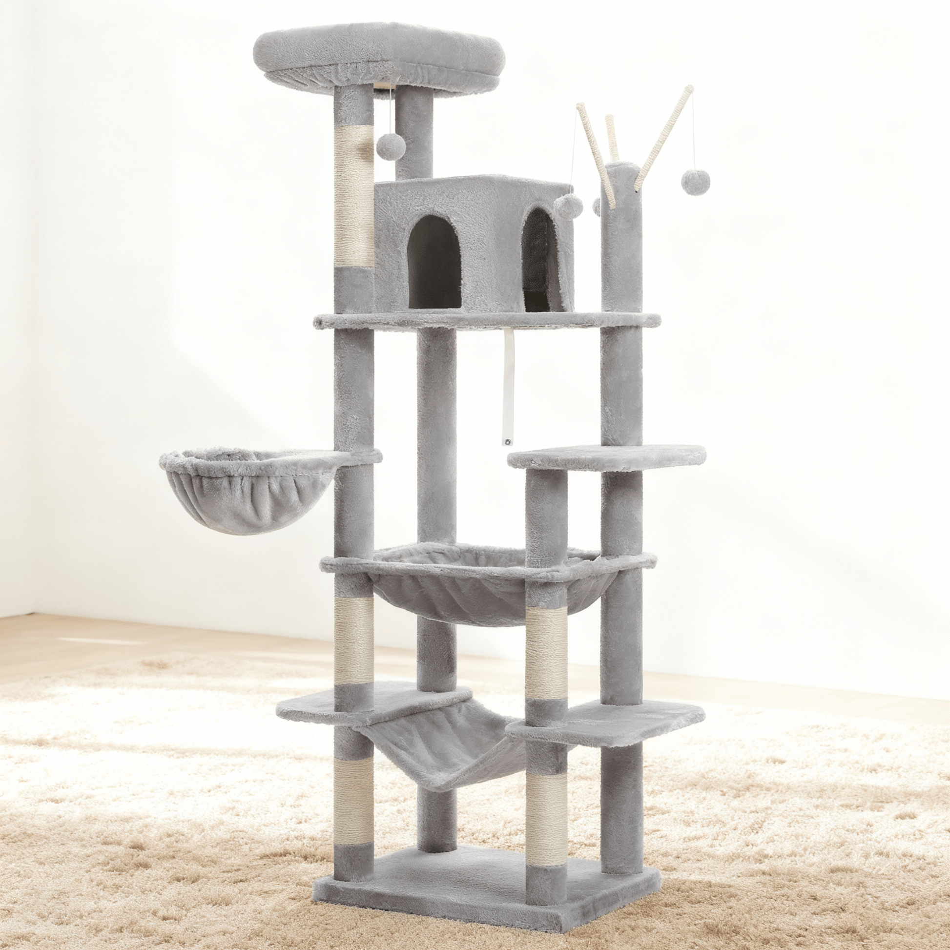 theMiaou Gris Arbre à Chat “Titania” – Arbre à Chat XXL avec Double Hamac, Niche et Poteaux en Sisal