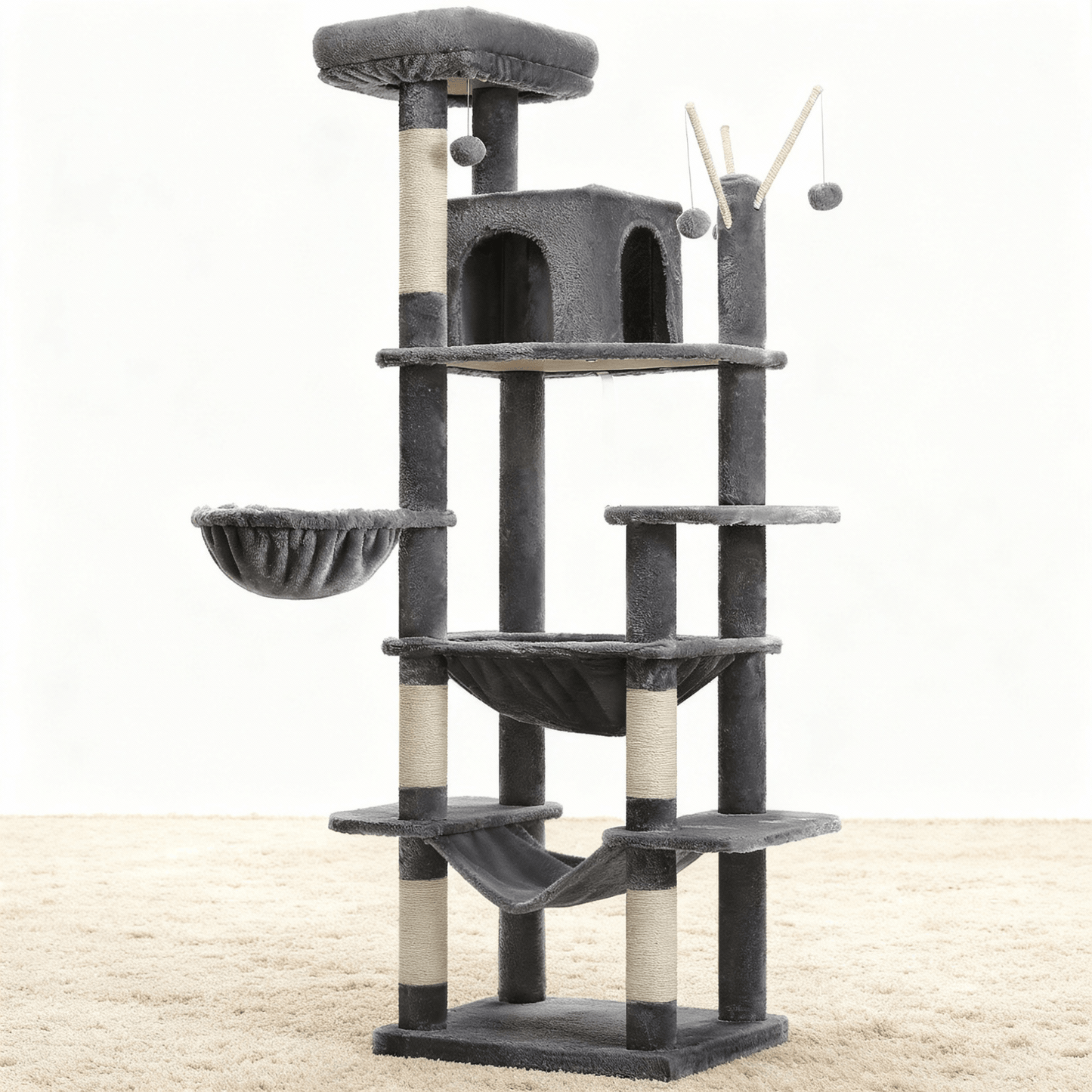 theMiaou Gris anthracite Arbre à Chat “Titania” – Arbre à Chat XXL avec Double Hamac, Niche et Poteaux en Sisal