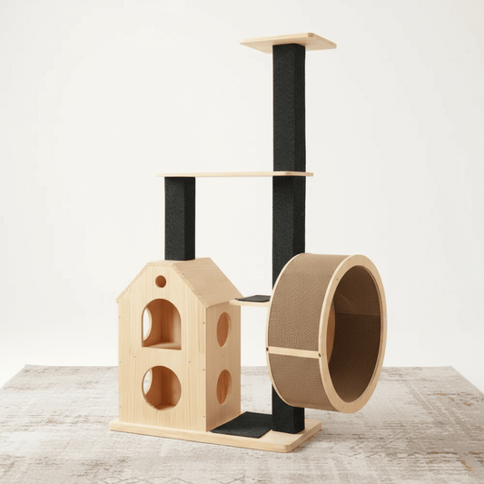 theMiaou Bois/Noir Arbre à Chat “Tokyo” – Grand Arbre à Chat en Bois avec Roue d'Exercice