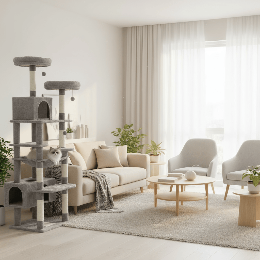 theMiaou Gris Arbre à Chat “Elysta” – Arbre à Chat XXL Confort avec Niche, Hamac et Panier Suspendu