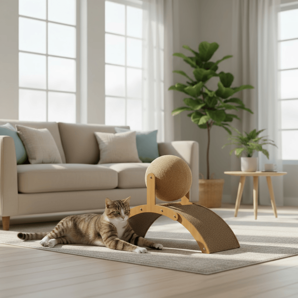 theMiaou Bois Griffoir Design “ArchiBall” – Courbe Élégante & Boule Sisal Naturelle