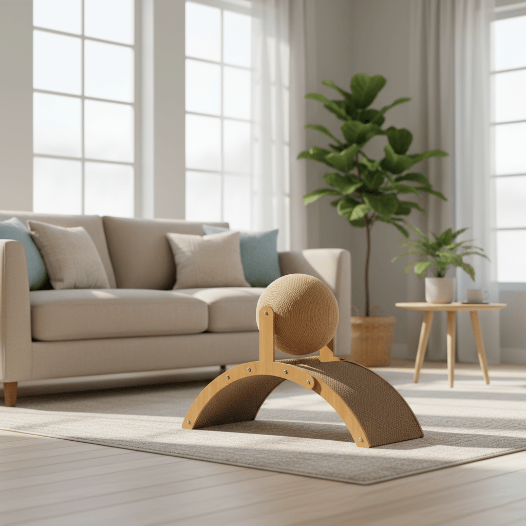 theMiaou Bois Griffoir Design “ArchiBall” – Courbe Élégante & Boule Sisal Naturelle