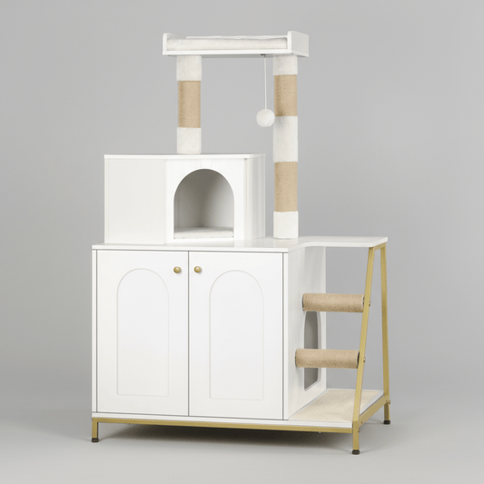 theMiaou Blanc Arbre à Chat “Elysia” – Grand Arbre à Chat Design avec Niche et Meuble Intégré