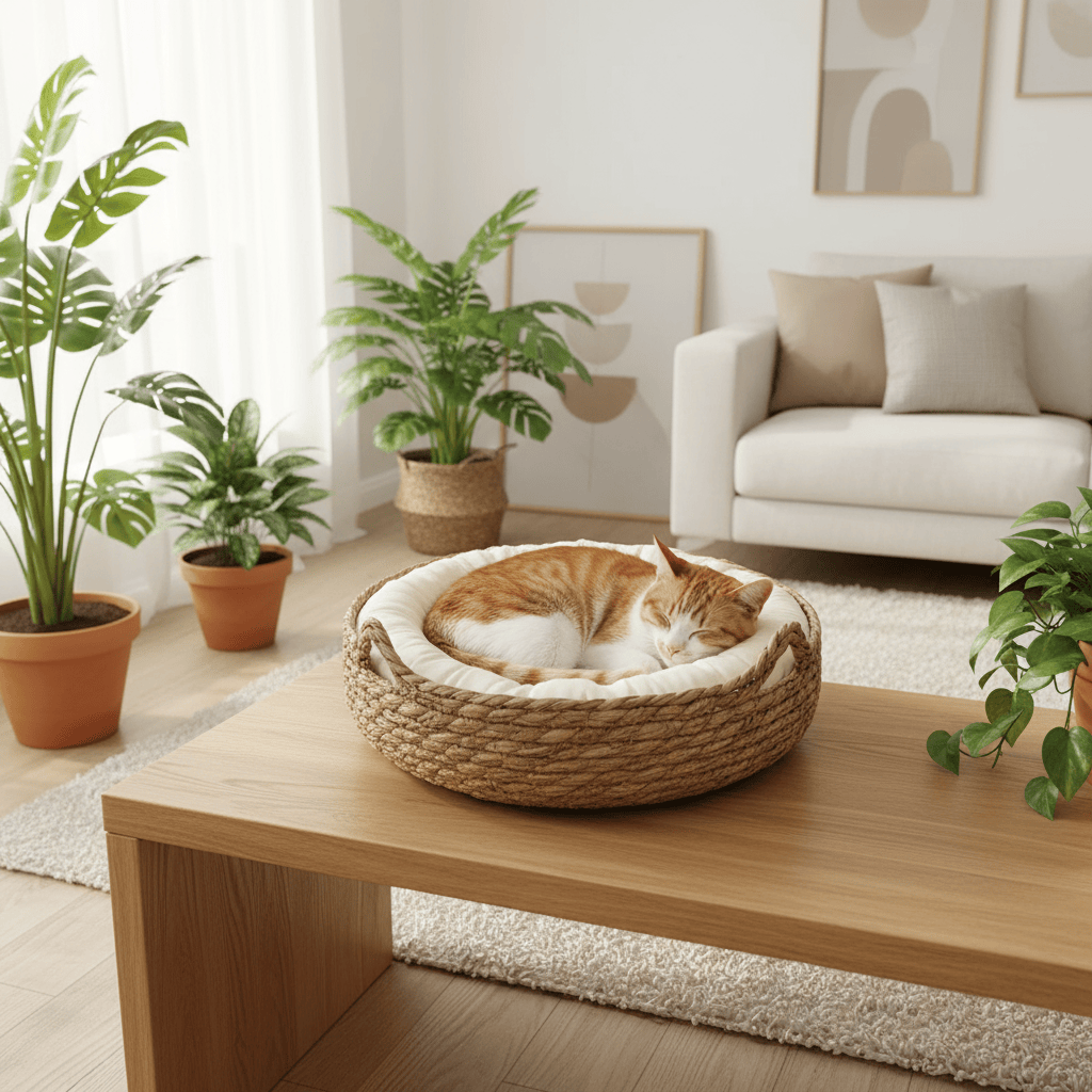 theMiaou Panier pour Chat “Nami” – Corbeille Tressée & Confortable