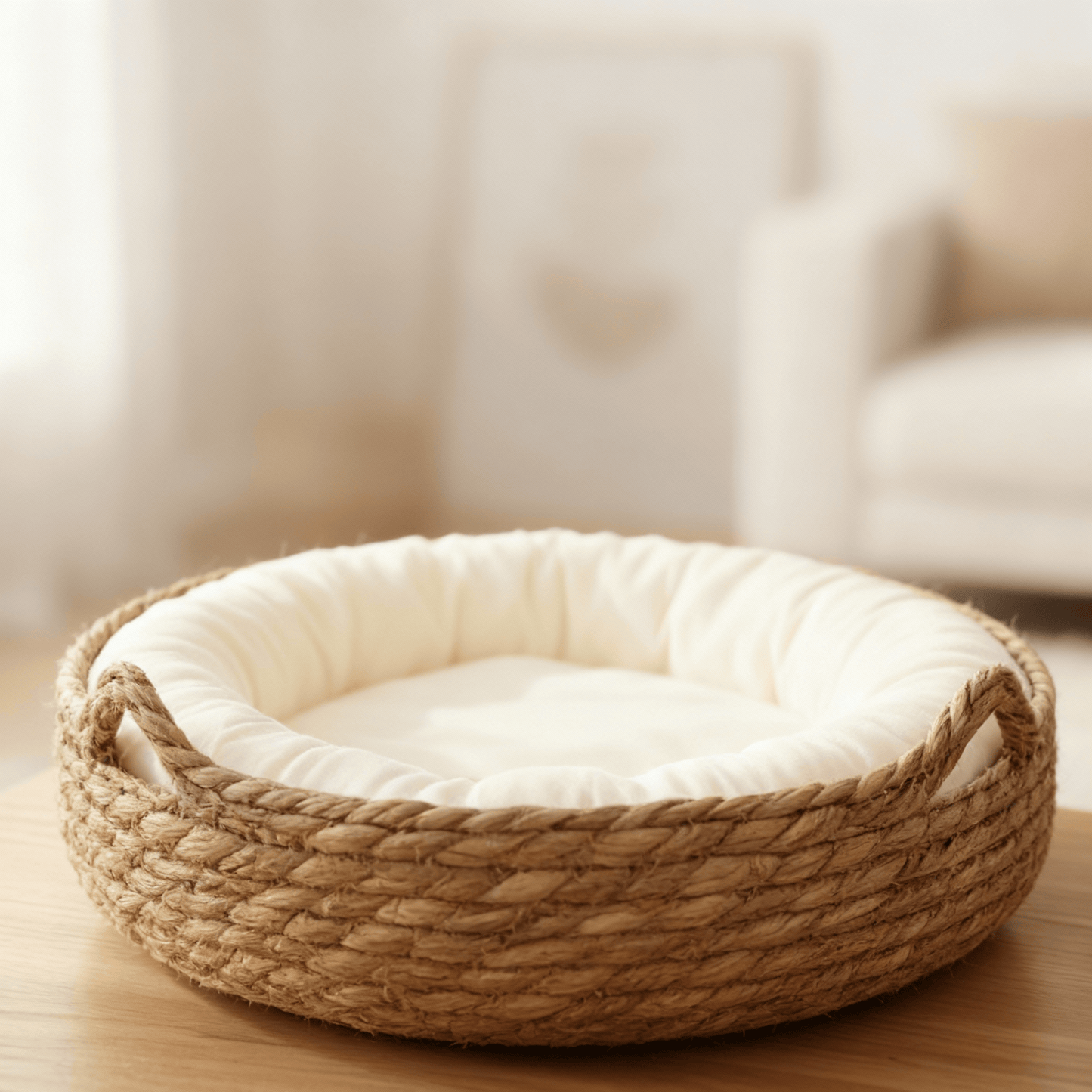 theMiaou Blanc / 40 cm Panier pour Chat “Nami” – Corbeille Tressée & Confortable