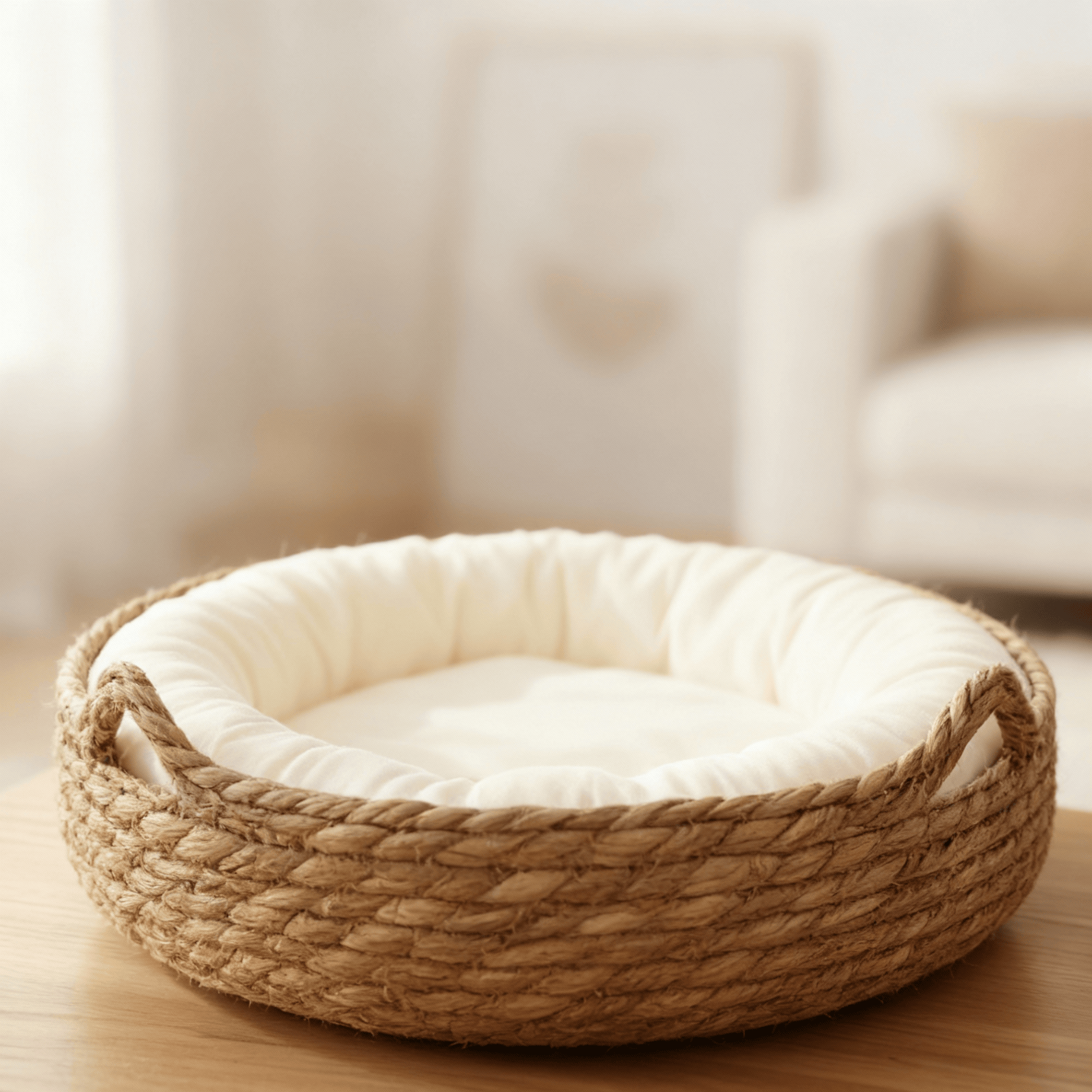 theMiaou Blanc / 40 cm Panier pour Chat “Nami” – Corbeille Tressée & Confortable