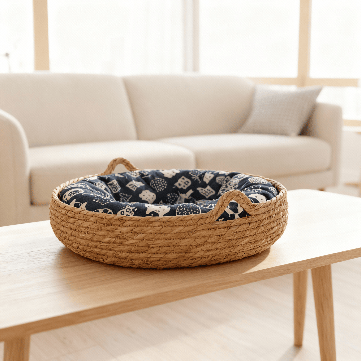 theMiaou Bleu / 45 cm Panier pour Chat “Nami” – Corbeille Tressée & Confortable