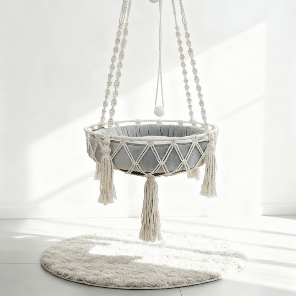 theMiaou Blanc Panier Suspendu pour Chat “Macramia” – Lit Bohème Aérien