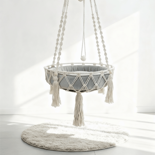 theMiaou Blanc Panier Suspendu pour Chat “Macramia” – Lit Bohème Aérien