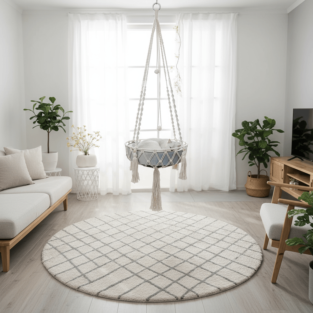 theMiaou Blanc Panier Suspendu pour Chat “Macramia” – Lit Bohème Aérien