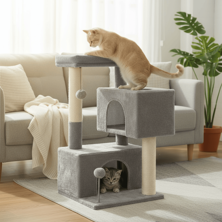 theMiaou Arbre à Chat “Onda” – Petit Arbre à Chat avec Double Niche et Panier Douillet