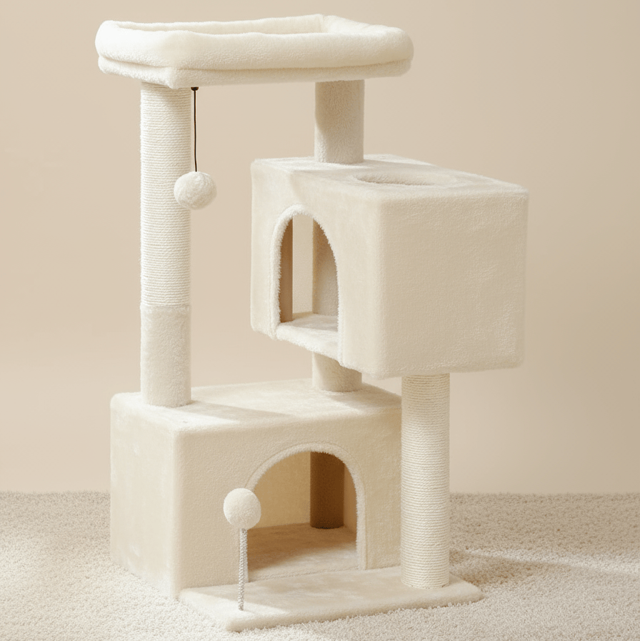 theMiaou Beige Arbre à Chat “Onda” – Petit Arbre à Chat avec Double Niche et Panier Douillet