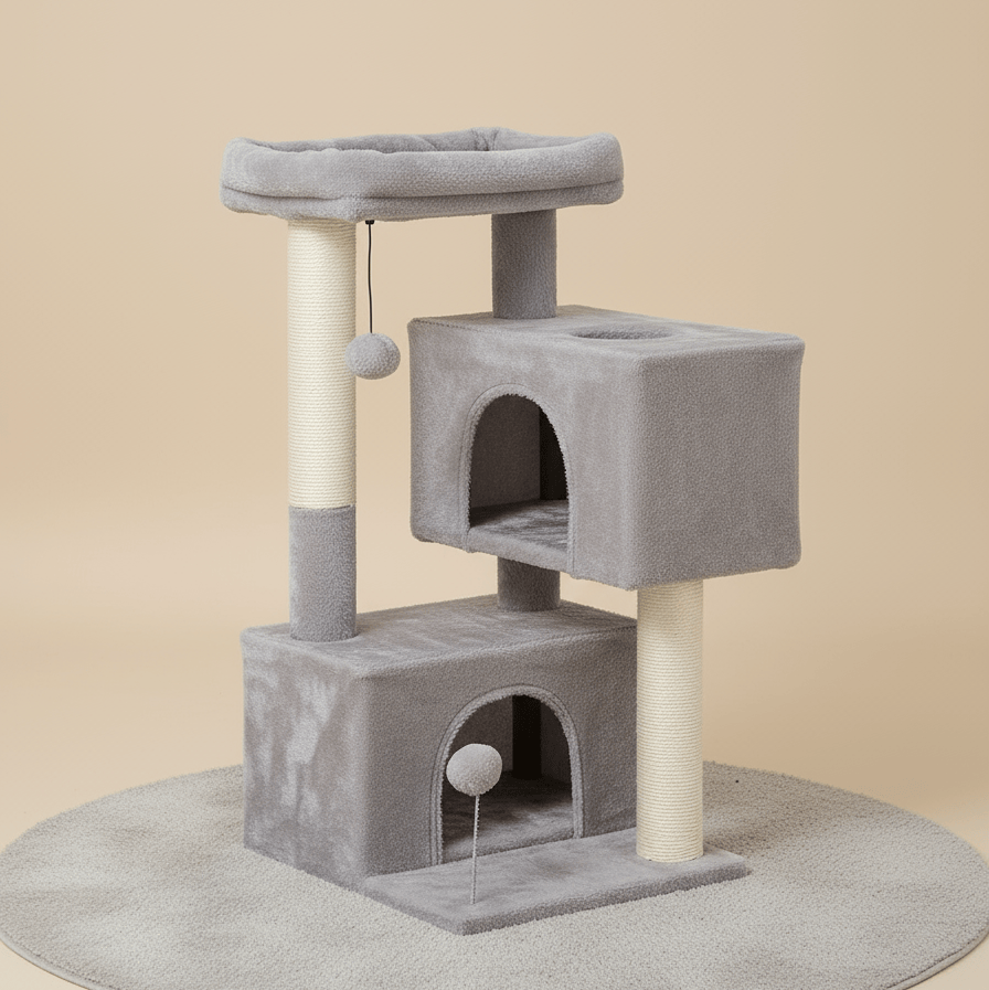 theMiaou Gris Arbre à Chat “Onda” – Petit Arbre à Chat avec Double Niche et Panier Douillet