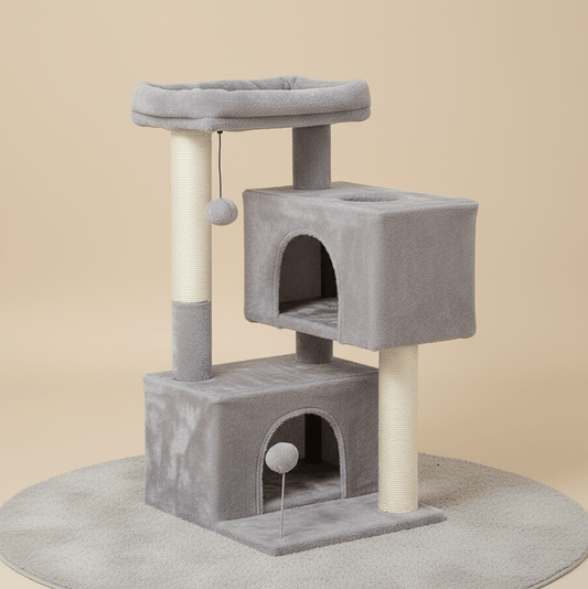 theMiaou Gris Arbre à Chat “Onda” – Petit Arbre à Chat avec Double Niche et Panier Douillet