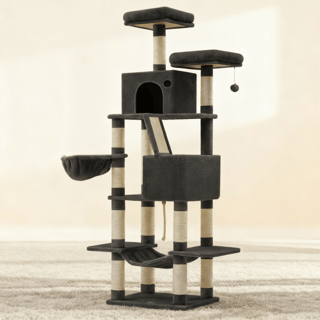 theMiaou Noir Arbre à Chat “Aurelia” – Arbre à Chat XXL Design Multi-Niveaux Stable et Confortable